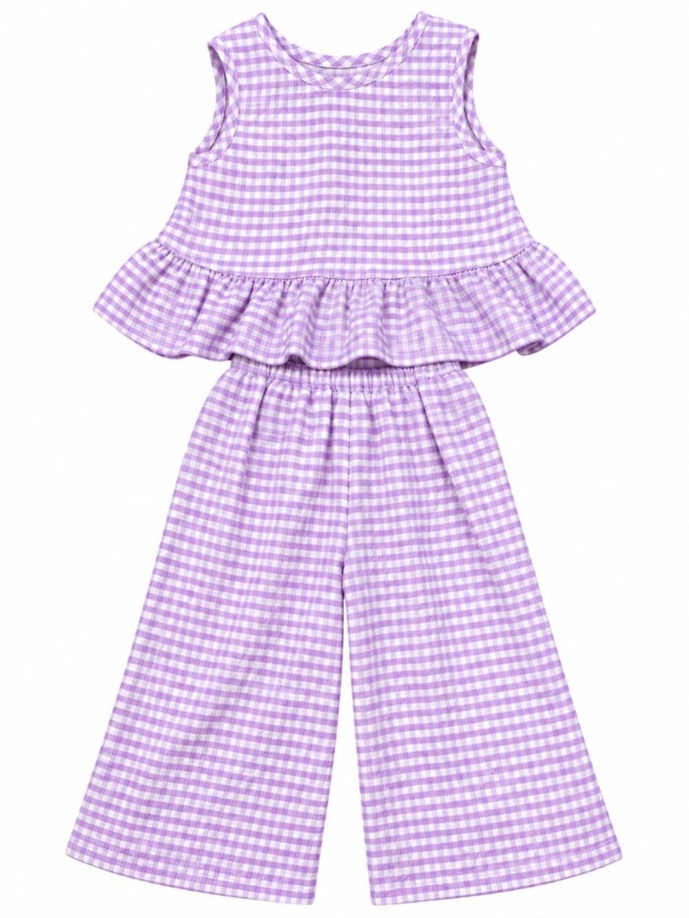 Girls Lavender Gingham Ruffle Top & Wide Leg Pants Set Size 4Y